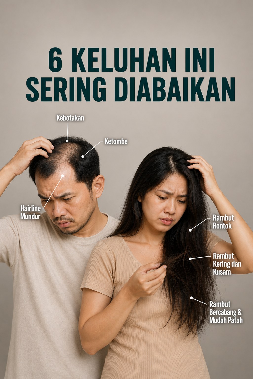 6 keluhan sering diabaikan — kebotakan, ketombe, hairline mundur pada pria; rambut rontok, kering dan kusam, bercabang dan mudah patah pada wanita